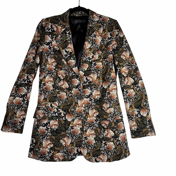 ZARA Woman Floral Tapestry Blazer Jacket Longline Single Button Size SX - Picture 1 of 9